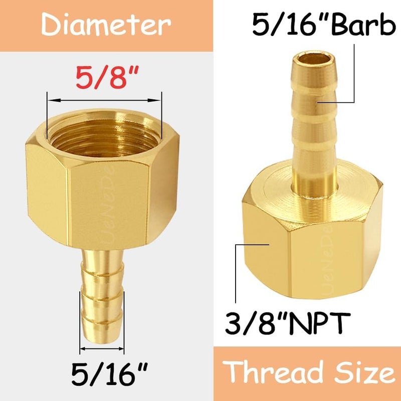 Uenede Brass Hose Barb Fittings 3/8" NPT Female to 5/16" Barb Adapter Connector Include 6 Clamps for Water/Oil/Gas (Pack of 6) - Image 2